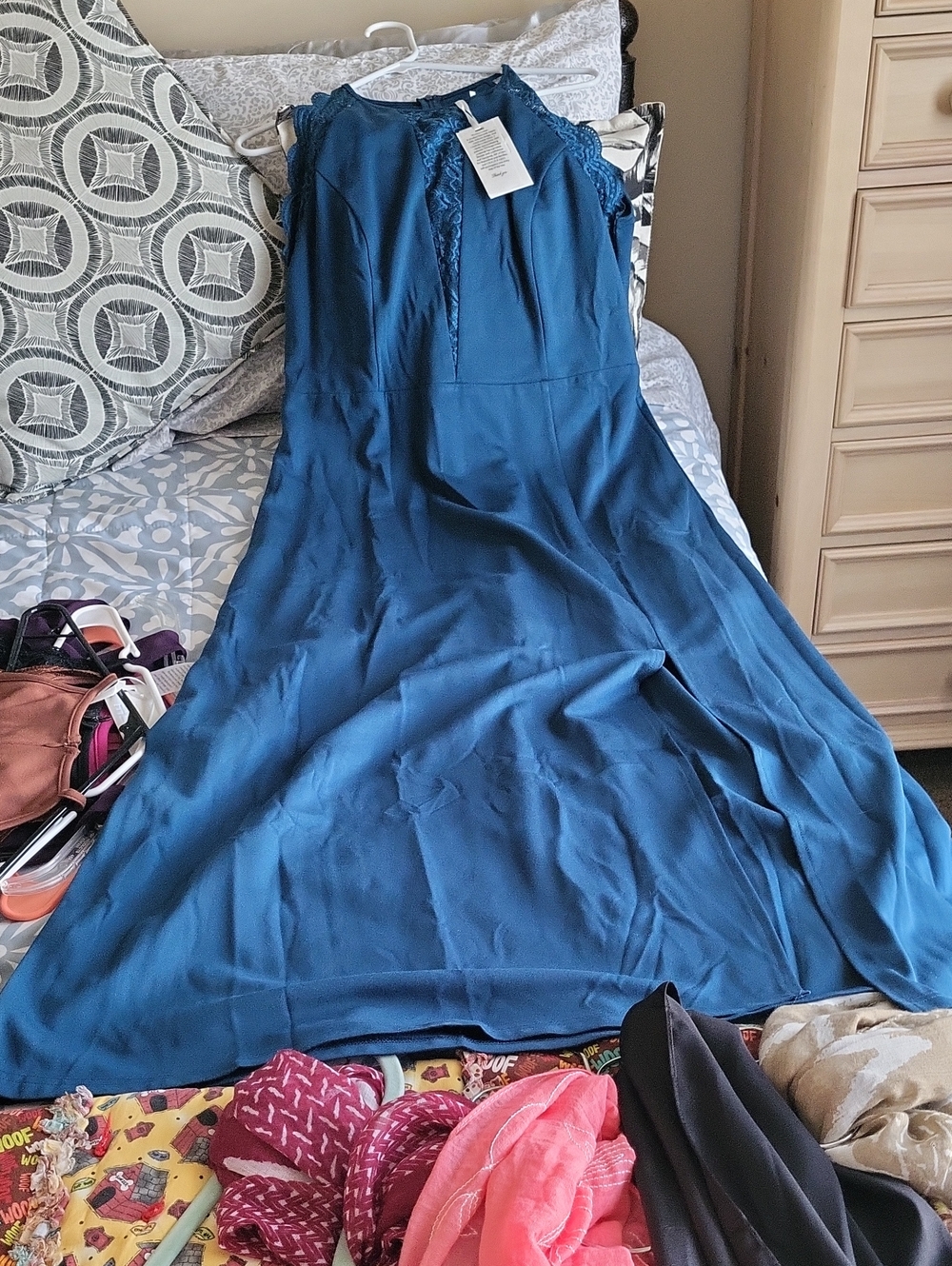 Grace Karin Teal Lace-Shoulder Maxi Dress